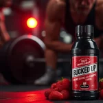 Bucked Up pre-workout bottle with fresh strawberries in a gym setting, with an athlete lifting weights in the background.