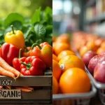 A side-by-side comparison of organic and non-organic produce, with a wooden crate labeled "100% Organic" filled with vibrant vegetables on the left and neatly displayed supermarket fruits with stickers on the right.