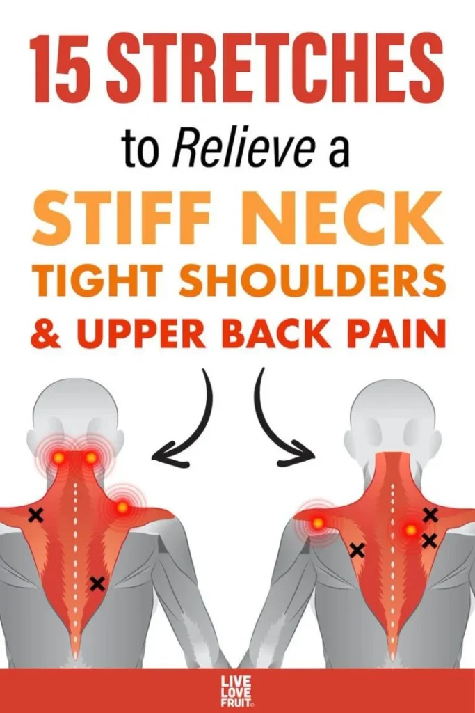 15 Stretches to Relieve a Stiff Neck, Tight Shoulders, and Upper Back Pain 2 Person performing neck stretches to alleviate stiff neck and upper back pain.