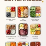 A variety of protein lunchables for adults, featuring meats, cheeses, and snacks.