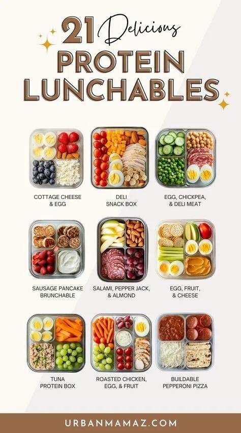 Nutrition 7 A variety of protein lunchables for adults, featuring meats, cheeses, and snacks.