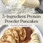 Stack of fluffy 3-ingredient protein powder pancakes topped with fruit