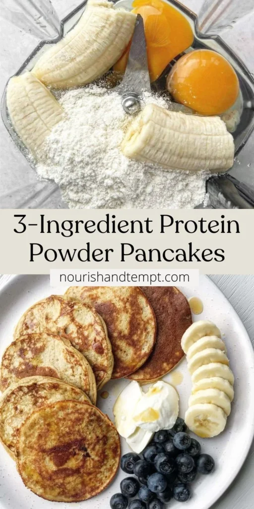 3-Ingredient Protein Powder Pancakes 2 Stack of fluffy 3-ingredient protein powder pancakes topped with fruit