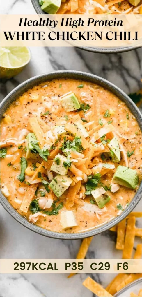 Best High Protein White Chicken Chili 2 Bowl of high protein white chicken chili with herbs and spices