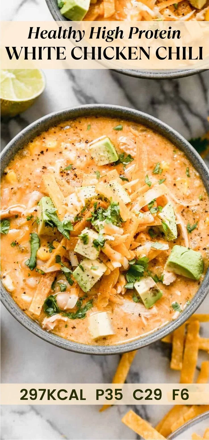 Bowl of high protein white chicken chili with herbs and spices