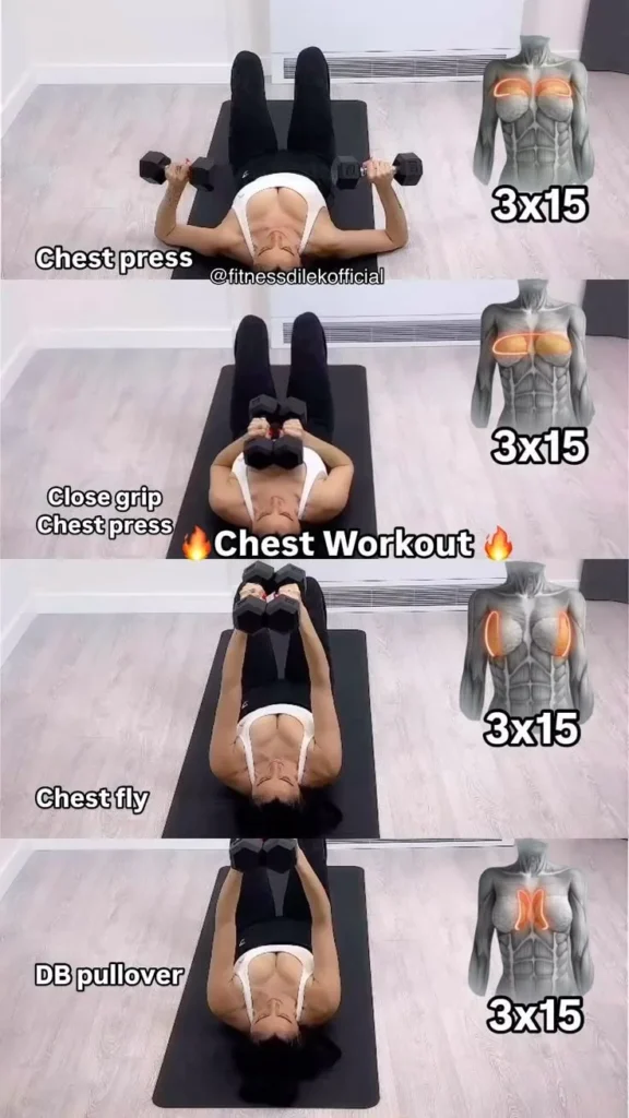 Dilek Akmergiz demonstrating top chest exercises with dumbbells on Instagram.