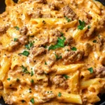 Creamy beef pasta served in a bowl, ideal for quick weeknight dinners.