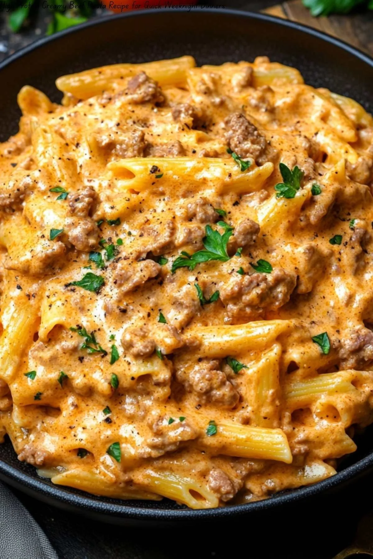 Creamy beef pasta served in a bowl, ideal for quick weeknight dinners.