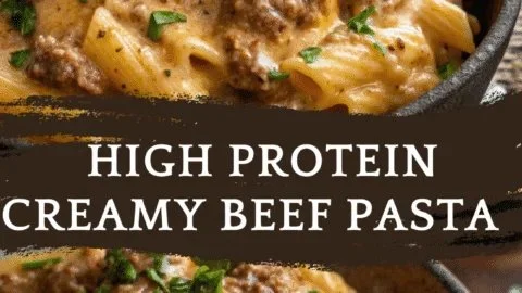 Nutrition 1 Creamy beef pasta dish served in a bowl, garnished with fresh herbs.