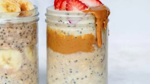 High-Protein Overnight Oats 2 High-protein overnight oats in a glass topped with fruits and nuts.
