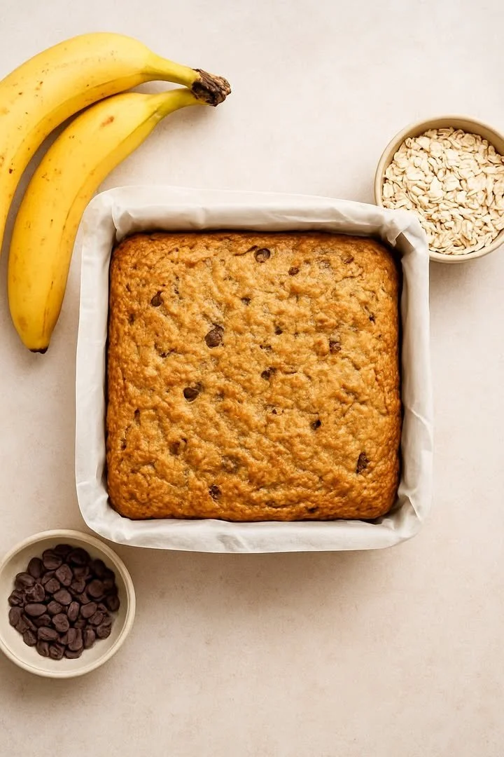 Nutrition 2 Simple cake made with oats and bananas, featuring ingredients such as eggs and baking powder.