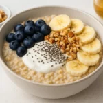 Healthy ovesná miska with yogurt, banana, and nuts in a bowl