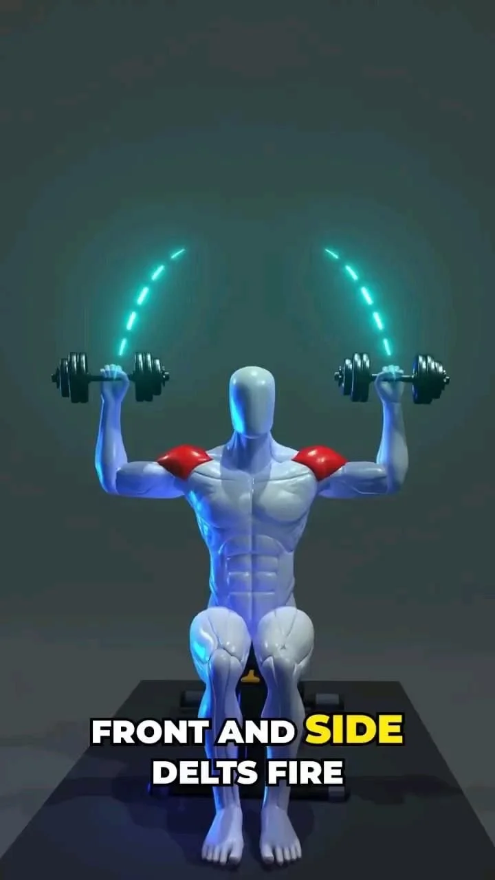 Person performing a shoulder workout with dumbbells for strength and muscle gain.