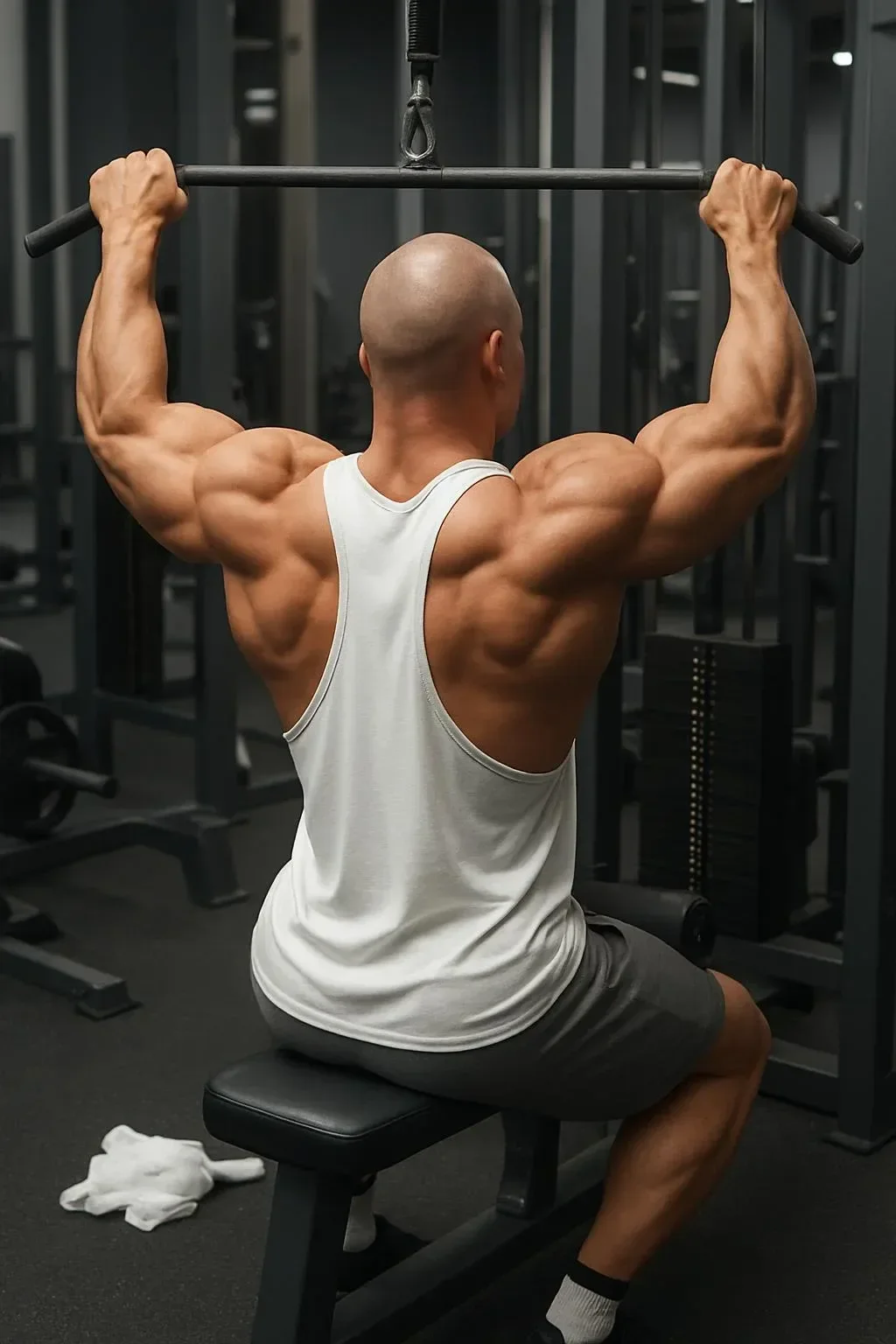 Person performing lat pulldowns for a stronger back at the gym.