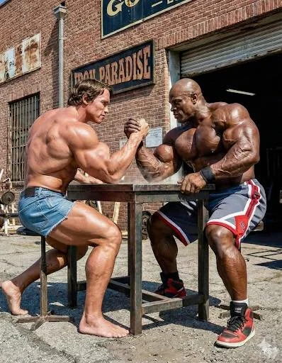 Arnold Schwarzenegger and Ronnie Coleman arm wrestling showdown