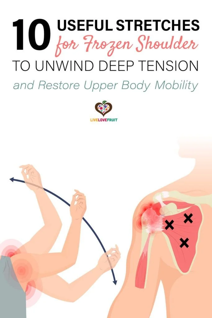 Person performing shoulder stretches to relieve frozen shoulder pain and improve mobility