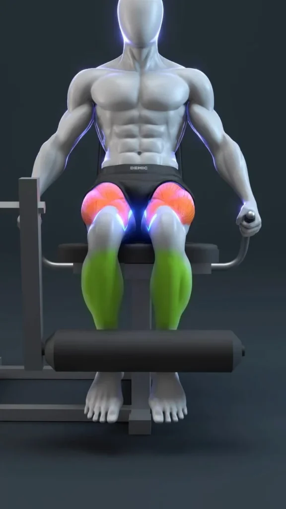 Person demonstrating proper leg extension technique in a gym setting.