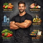 Eating for Strength & Vitality: 6 Key Nutritional Pillars for Men 18 Infographic depicting the 6 nutritional pillars for men's health and vitality.