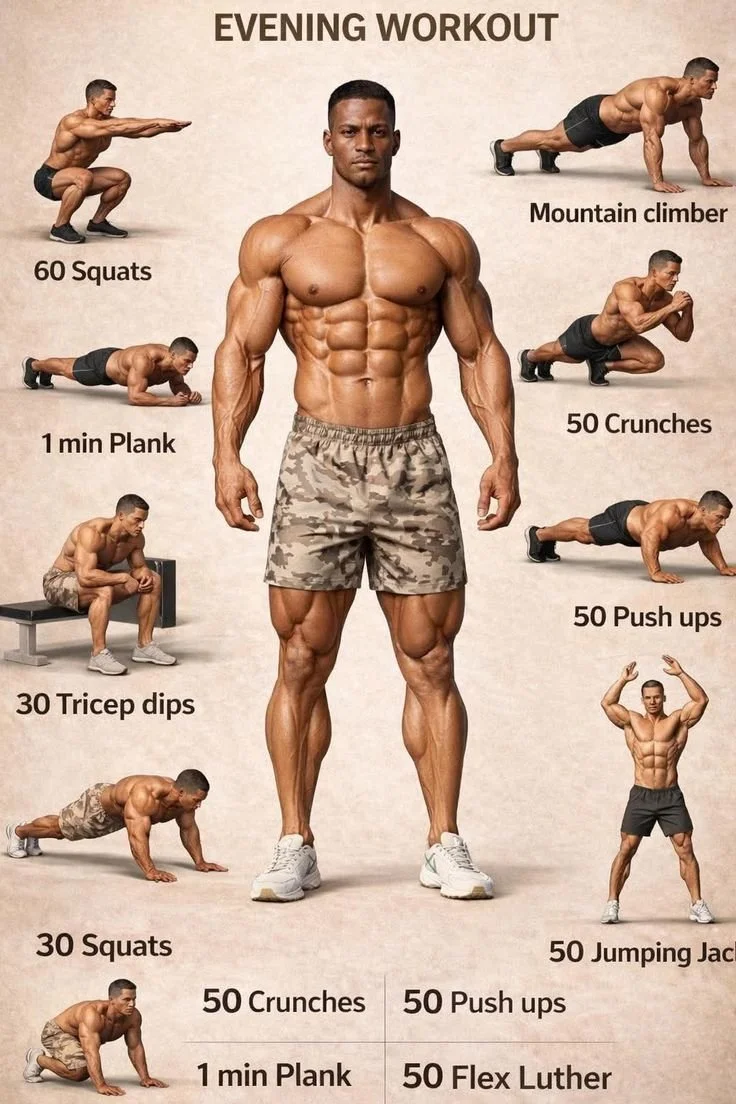 Evenings are for finishing strong. 🔥
No gym needed just commitment and effort.
Save this workout, g… em 2026 | Exercícios físicos para homens, Exercício físico, Exercícios