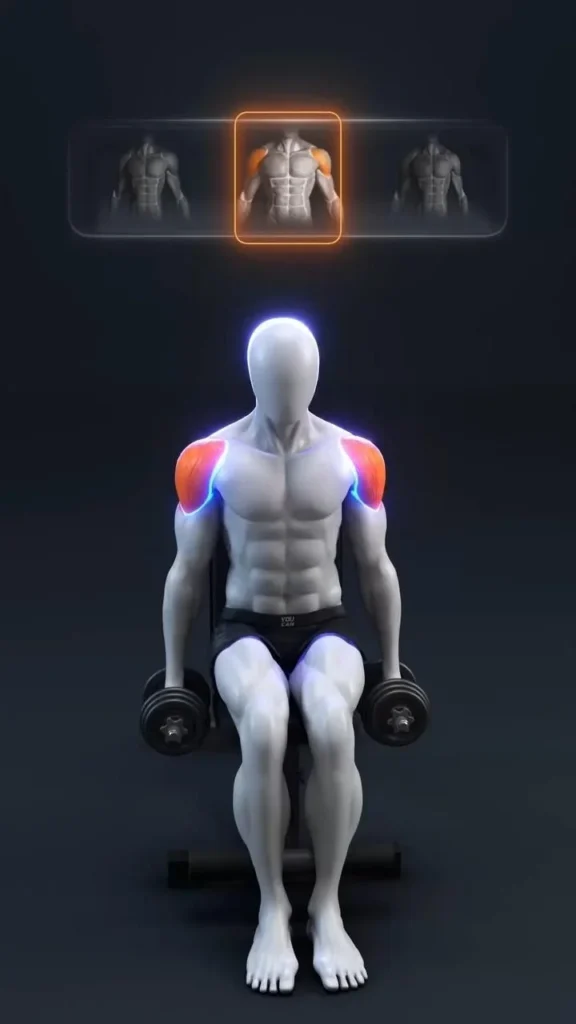 Shoulder workout video featuring front, side, and rear delt exercises for muscular gains.