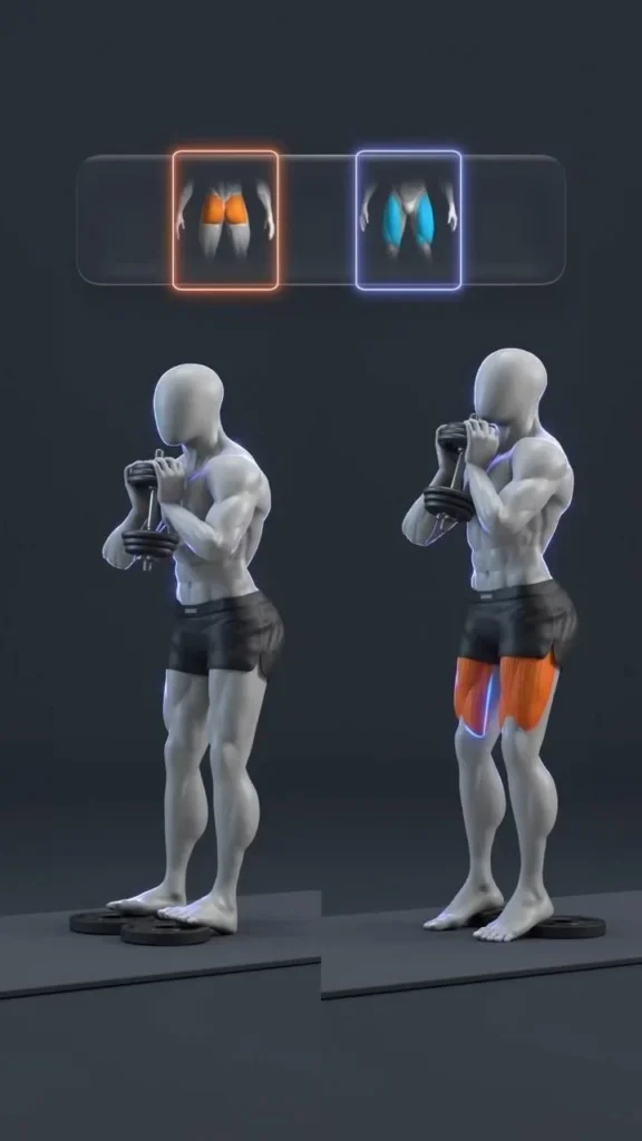 A person demonstrating squat techniques focusing on glutes vs. quads with heel and toe elevation.