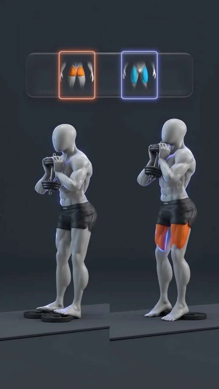 A person demonstrating squat techniques focusing on glutes vs. quads with heel and toe elevation.