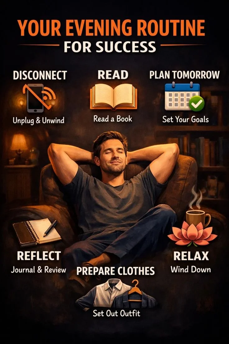 A person practicing an evening routine to unwind and prepare for a successful tomorrow.