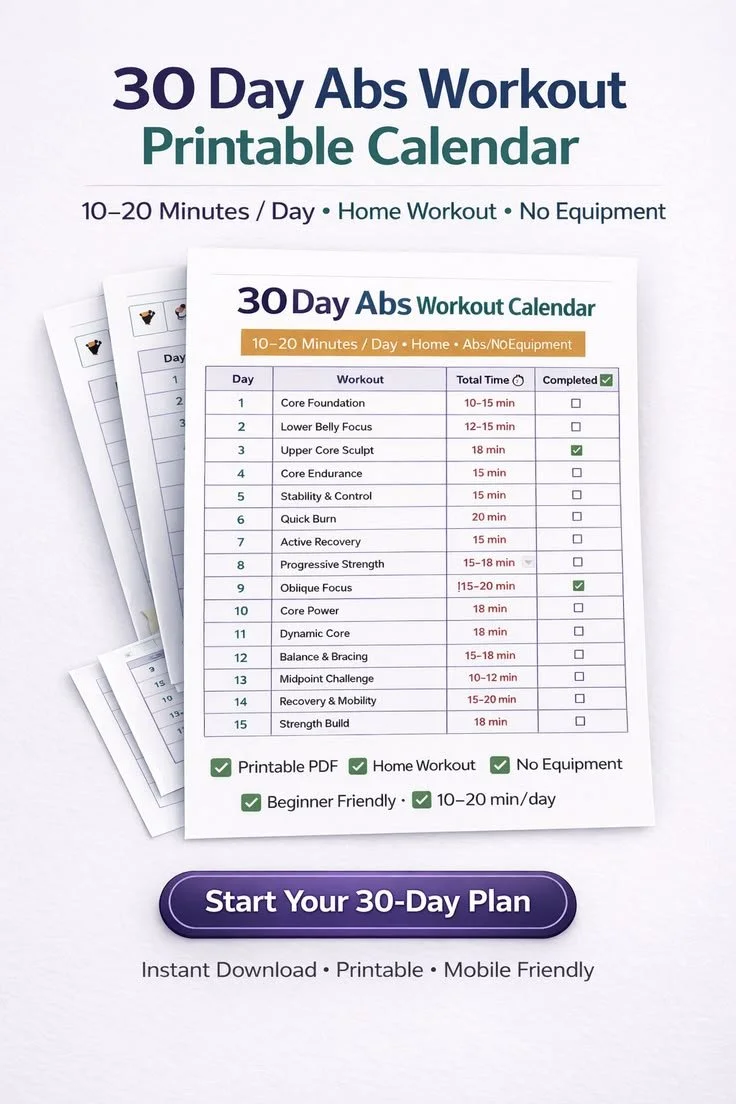30 Day ABS Workout Calendar 🔥 Flat Stomach Plan You Can Follow at Home