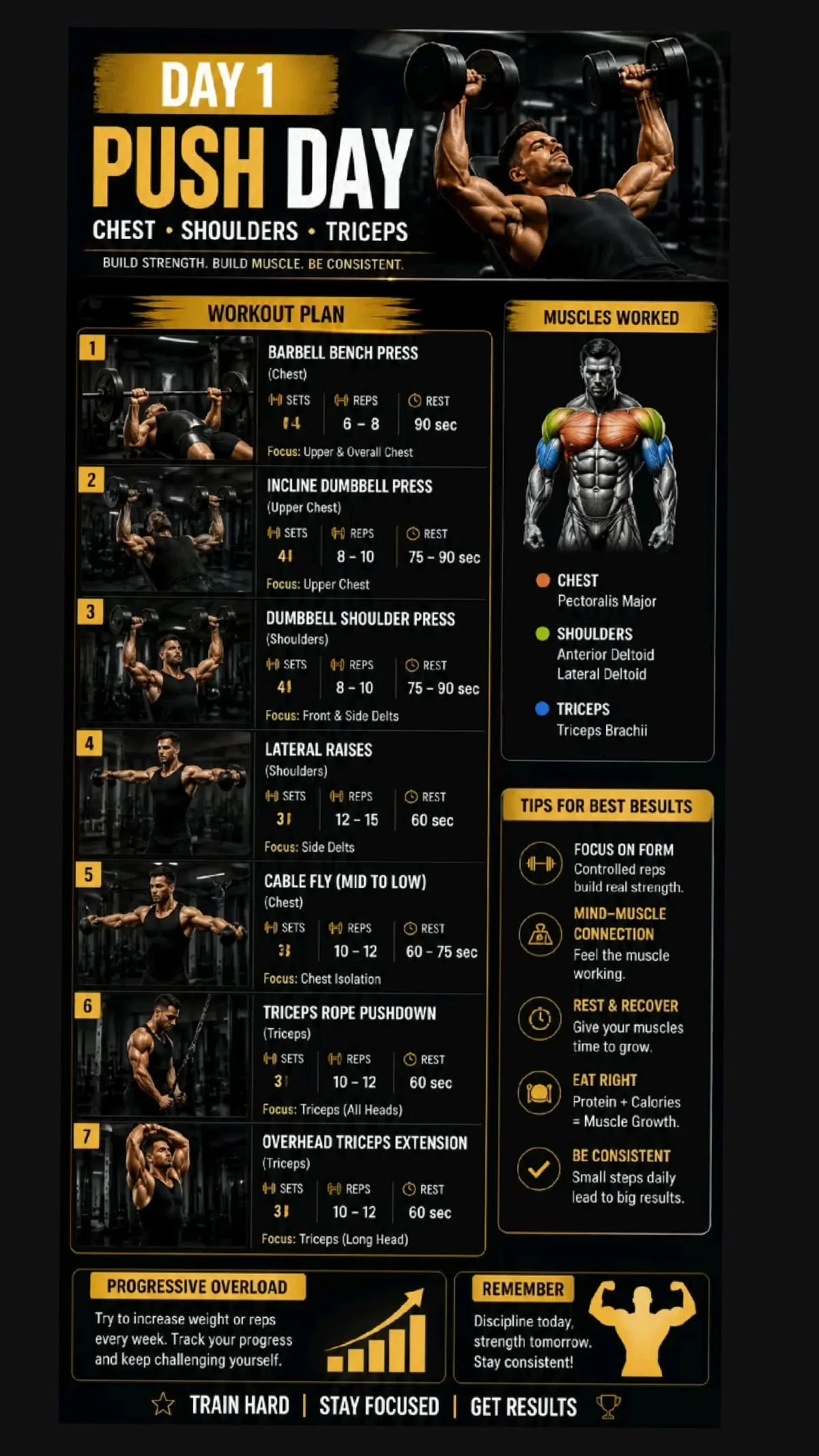 Day 1 push day workout plan for strength training and muscle building.
