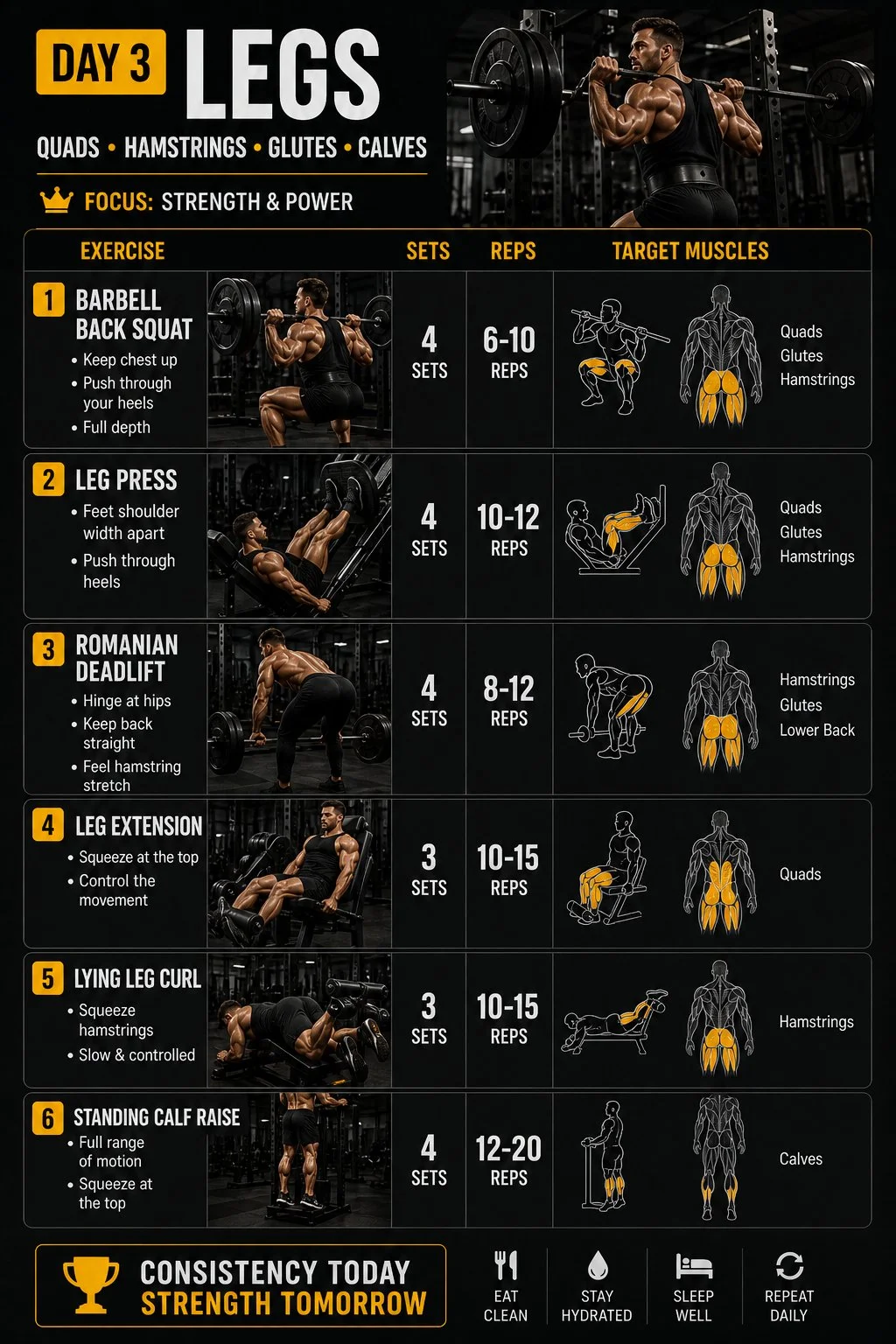 Day 3 leg day workout for building strength and endurance in lower body