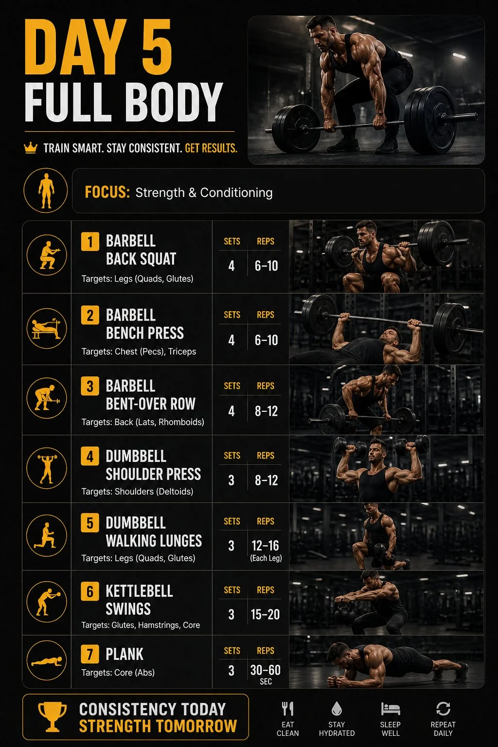 Day 5 full body workout session focusing on strength and endurance.