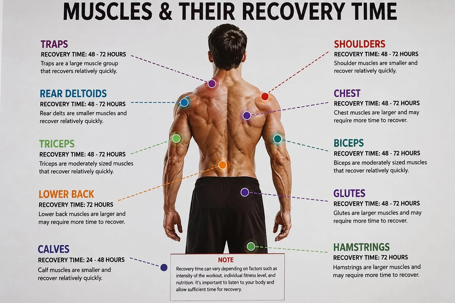 Infographic explaining muscle recovery time and best practices for optimal recovery.
