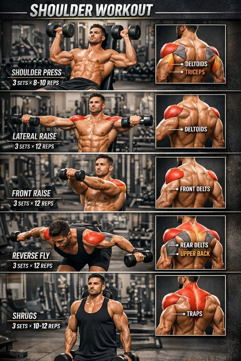 A person performing shoulder workouts with dumbbells in a gym setting.